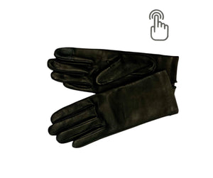 Amélie tactile, gantelet en agneau noir doublé de soie (compatible avec smartphone).