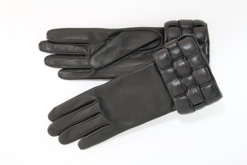 Anny bis gant en agneau noir avec poignet en cuir entrelacé doublé alpaga